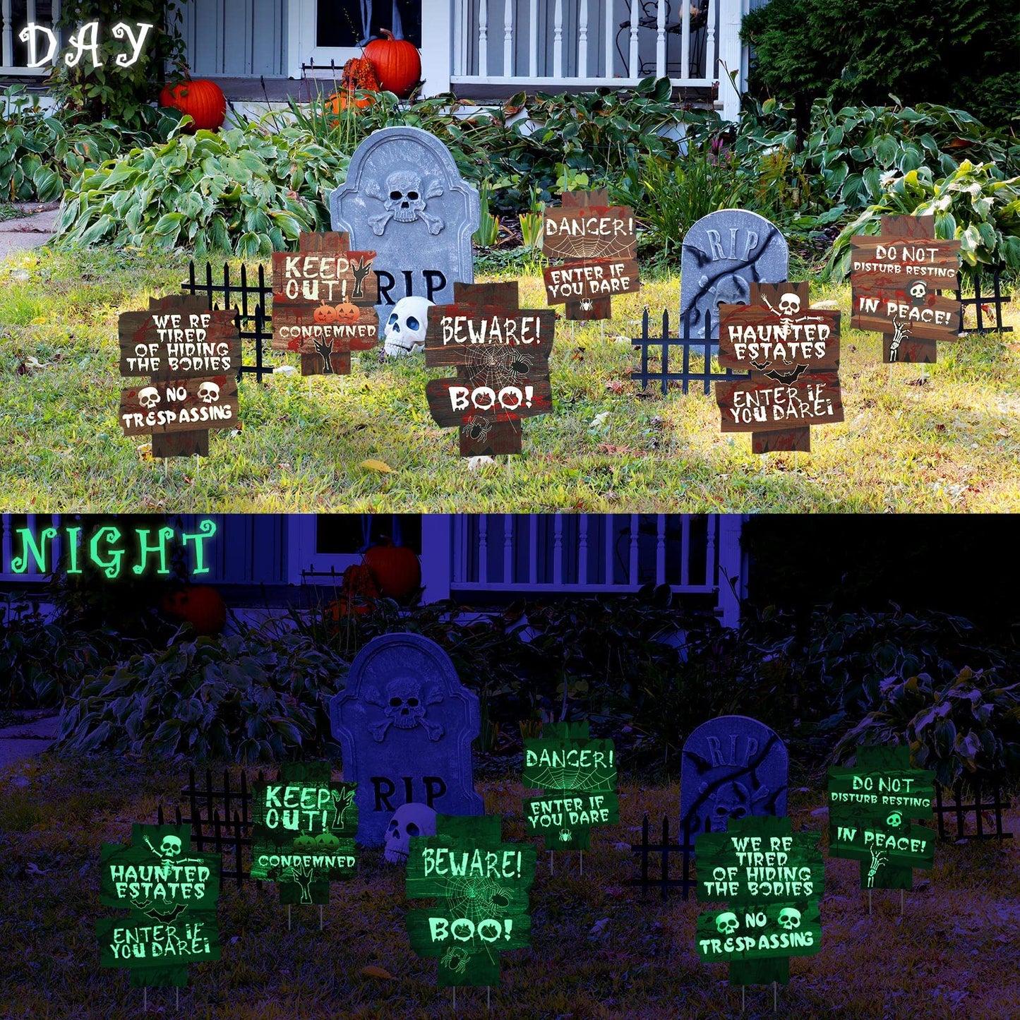 6 Pcs Halloween Decorations Glow in Dark Yard Sign Fluorescence Scary Halloween Outdoor Decorations Beware Props for Lawn Graveyard Graves Haunted House Zombie Vampire Graves Holiday Party