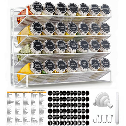 UVIAHOMI Magnetic Spice Rack Organizer for Refrigerator with 28 Spice Jars, 386 Spice Labels, 4 Hook, Chalk Marker and Funnel Set, Magnetic Shelf for Seasoning Organizer, 13.2'' W x 9.8 H, White