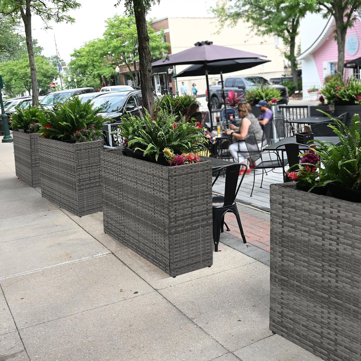 SUNNYPARK Gray Rectangular Planter Box All-Weather PE Rattan Large Modern Planters with Removable Liner Indoor Outdoor Decorative Flower Pot for Patio, Balcony, Garden