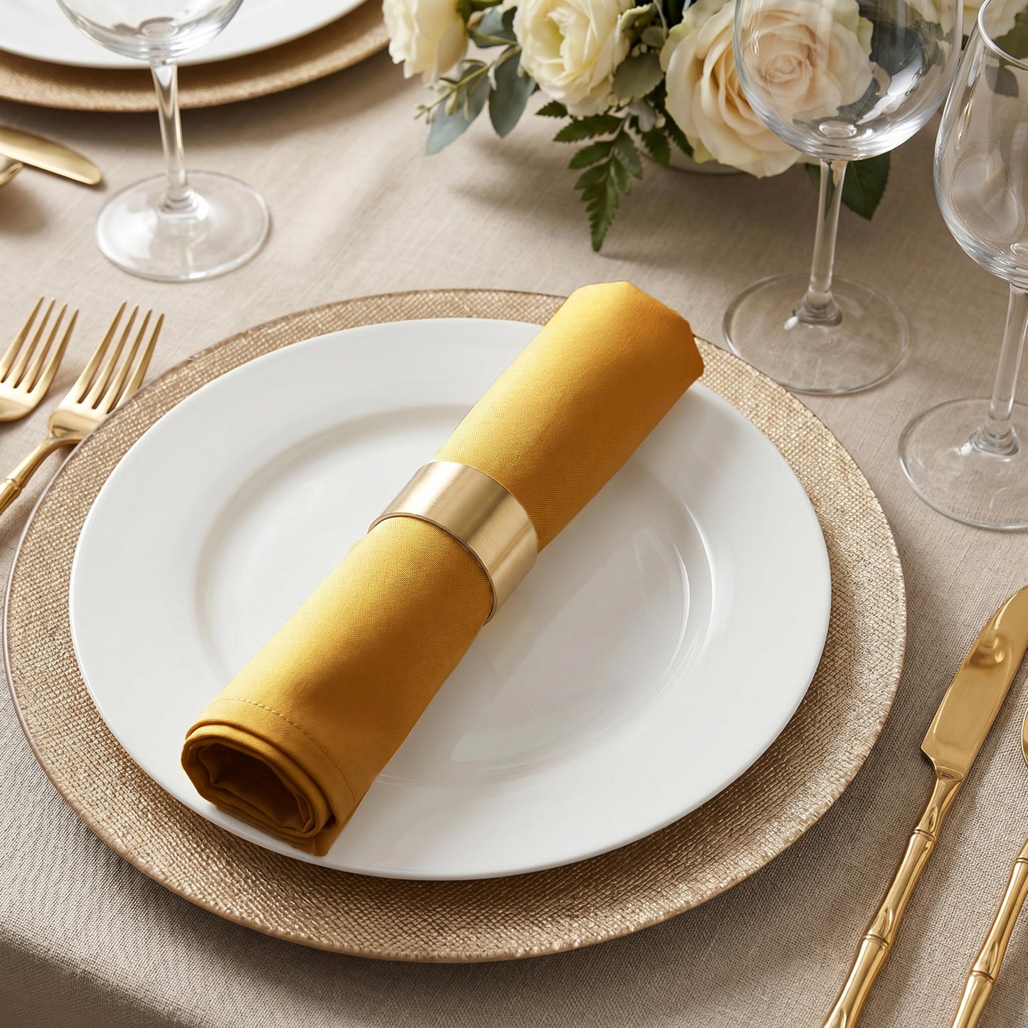 Cloth Dinner Napkins with Hemmed Edges 17x17 Inches Washable - 100% Polyester Soft & Comfortable Reusable Napkins for Weddings, Parties or Daily Use (Set of 12, Mustard)