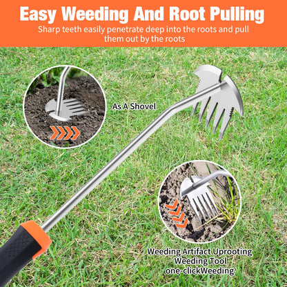 Weed Puller Tool, Portable Garden Weeder Tool, 2026 New Model Rubber Non-Slip Handle Stainless Steel 5-Teeth Weeding Tool, Garden Tools for Vegetable Gardening Backyard Farm Planting & Weeding Tool