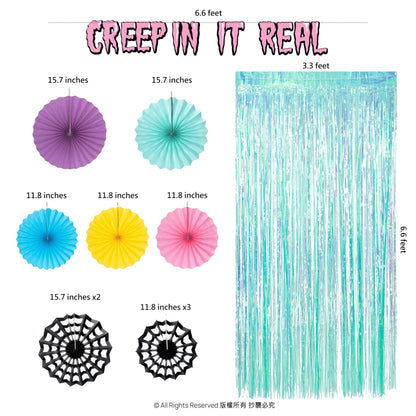 Cheerland Cyan Summerween Spider Web Backdrop Banner Party Decorations Pastel Foil Halloweeween Neon Curtain Streamers Cobweb Paper Fans Photobooth Background for Birthday Witch Cosplay Party Supplies