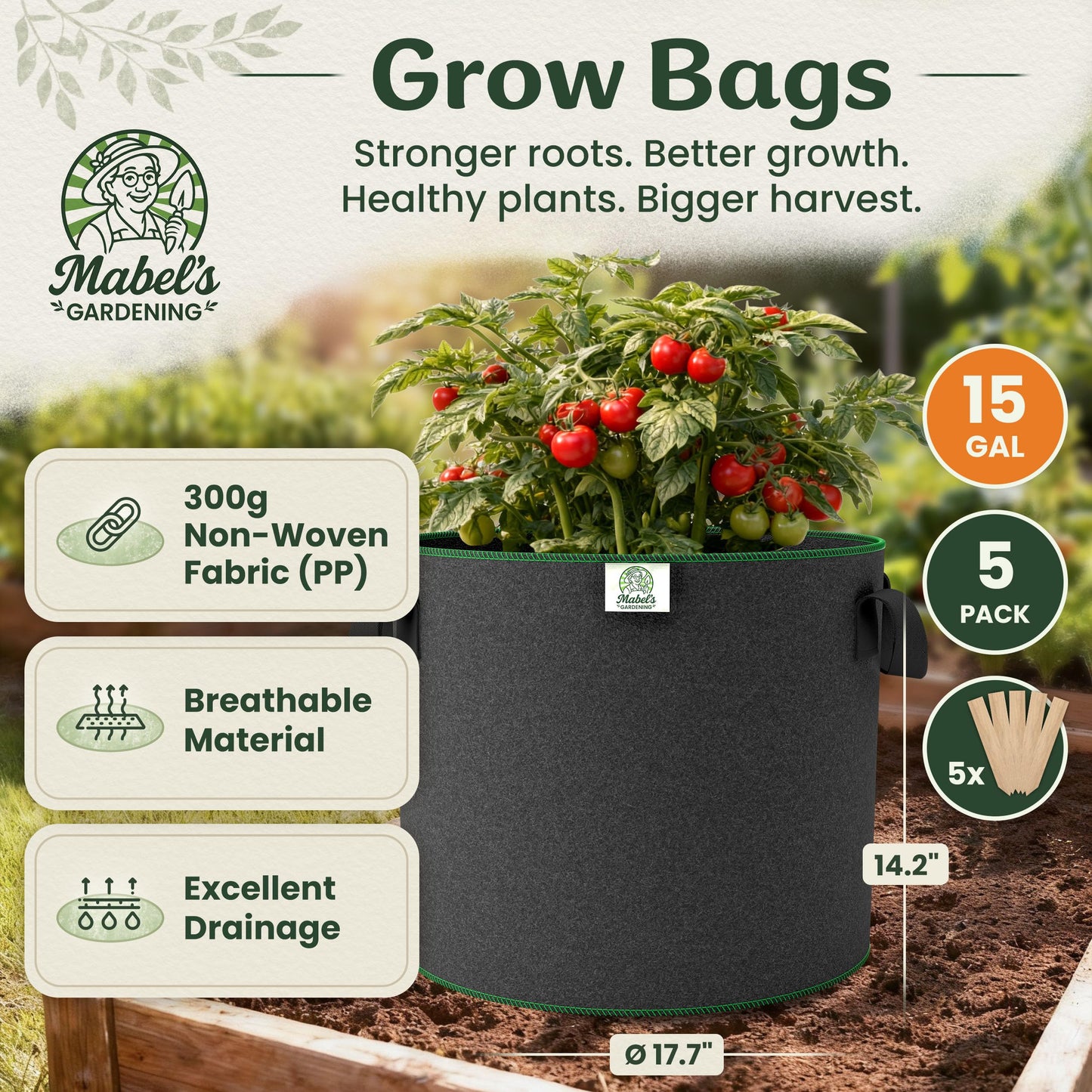 Mabel's Gardening 5-Pack 15 Gallon Grow Bags - Garden Planting Bags 17.7 x 14.2 INCH Made of 8.85 oz/yd² (300g/m²) Felt & Fleece Fabric Plant Pot, Plant Bag, Grow Bag for Pumpkin Potato Tomato