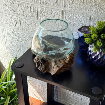 Zeckos Planter Terrarium with Molten Glass Bowl on Driftwood Base, Coastal Wood and Glass Tabletop Planter, 7.5 X 7 X 6 Inch Freestanding Indoor Accent for Succulents or Air Plants