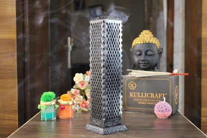 KC KULLICRAFT Handmade Marble Black Soapstone Incense Stick Burner | Candle Stick Holder | Tea Light Burner - Perfect Jaali Carving for Gifting. Decorative Home and Kitchen Decor (3 x 3 x 11 Inches).