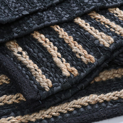 RIANGI Leather/Jute Rug 3'x5' Ft Rectangular Boho Handwoven Farmhouse Braided Rustic Vintage Black Area Rug for Living Room Kitchen Bedroom Hallways Enterways