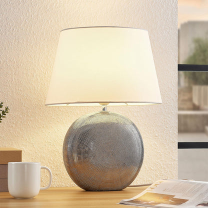 Lucande 19" Modern Ceramic Table Lamp, Silver Jar-Style Base with White Fabric Shade, Elegant Bedside Lamp for Nightstand or Living Room, E26 Base Bulb Not Included