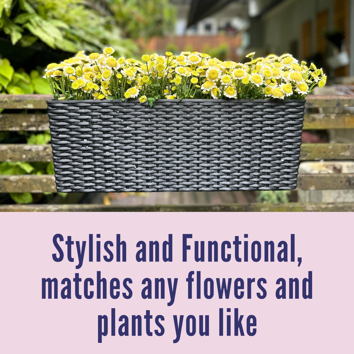 LaLaGreen Outdoor Rail Planter for Balcony (20 Inch, 2 Pack) Large Black Self Watering Deck Railings Planters with Brackets, Rectangular Plastic Fence Flower Box Designer Choice with Rattan Pattern