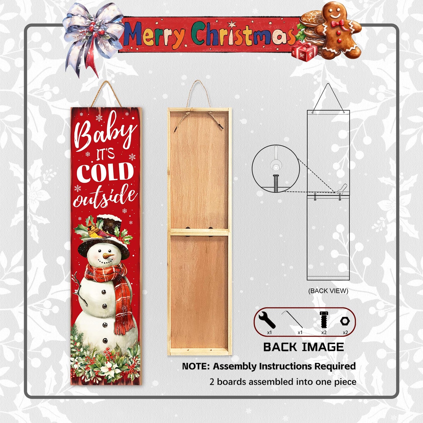Christmas Snowman "Baby It’s Cold Outside" Porch Sign 31.5" Rustic Welcome Sign for Front Door Farmhouse Style Standing Porch Decoration