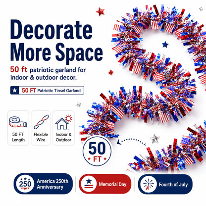 50 FT 4th of July Garland, Indoor & Outdoor Red White and Blue Patriotic Tinsel with American Flags, US Party Decor for Mantel, Stairs, Porch Railings, Golf Cart, Parade Float & America 250