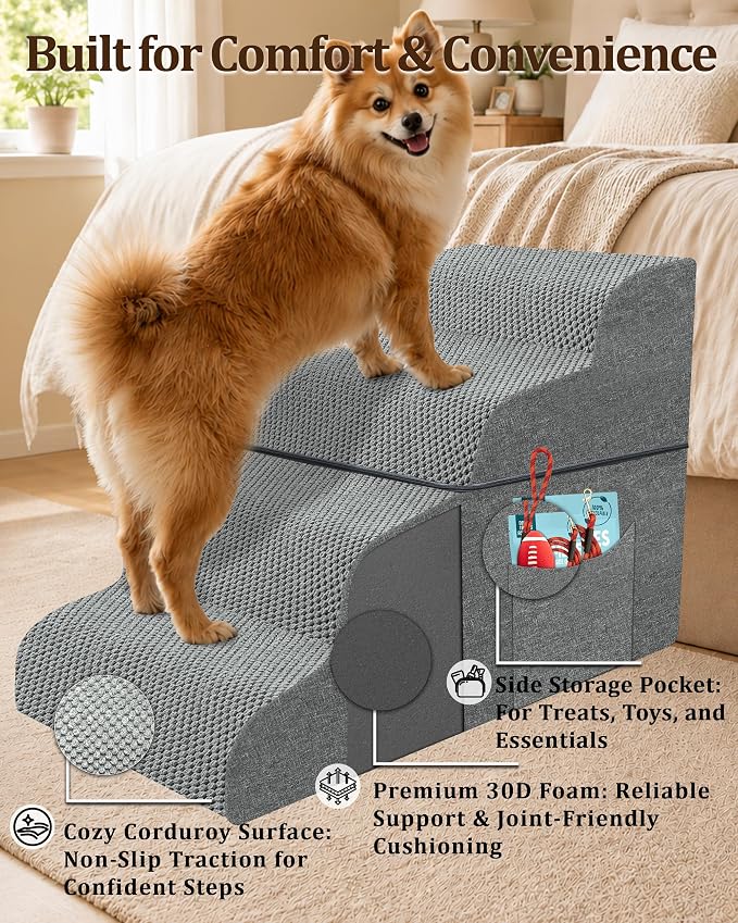 Dog Stairs for Bed, 22.8" H 5-Step Dog Steps for High Bed & Car, Non-Slip Stable Pet Stairs for Small Dogs, Gentle Climb Design, Foldable Pet Steps that Double as Cozy Pet Bed for Resting