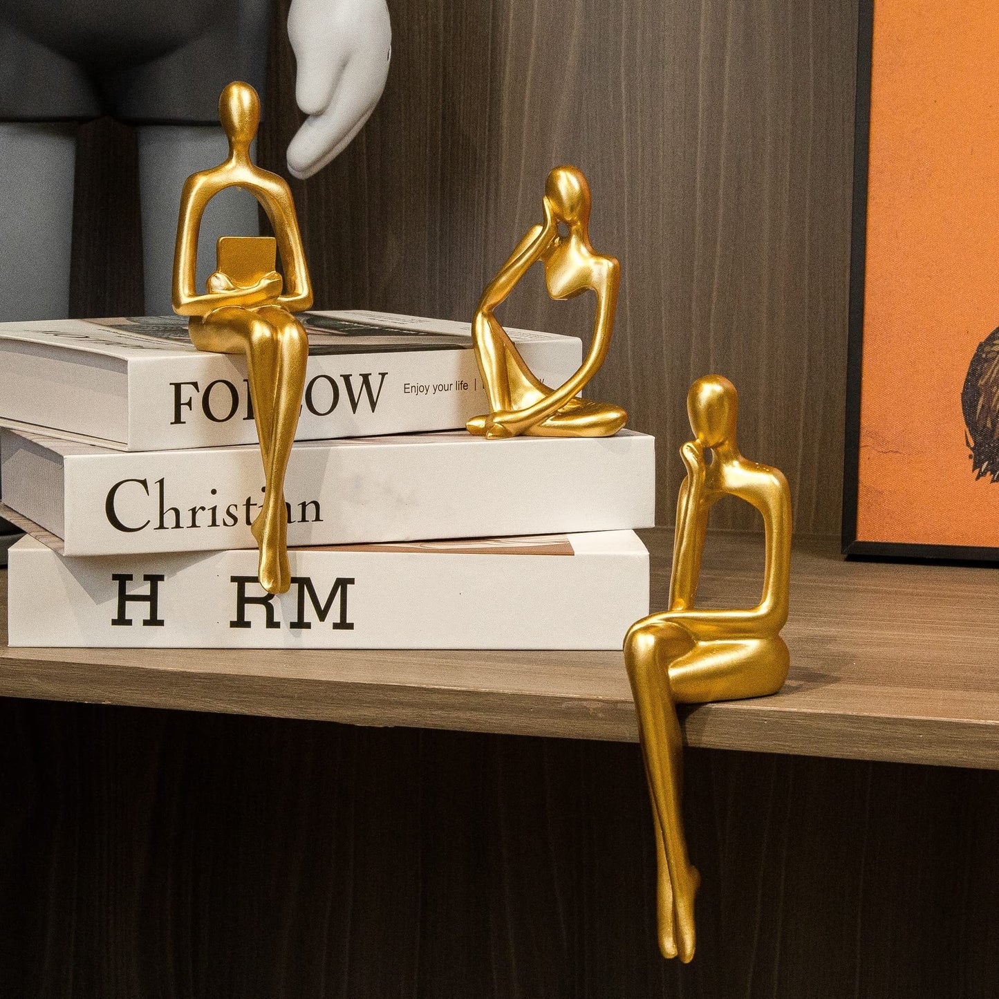 Prettidecor Gold Home Decor Thinker Statue Accents, Set of 3 Thinker Sculptures Office Decor Modern Abstract Resin Decoration on Shelf Table Desk for Living Room Office Bedroom (Gold, Large)