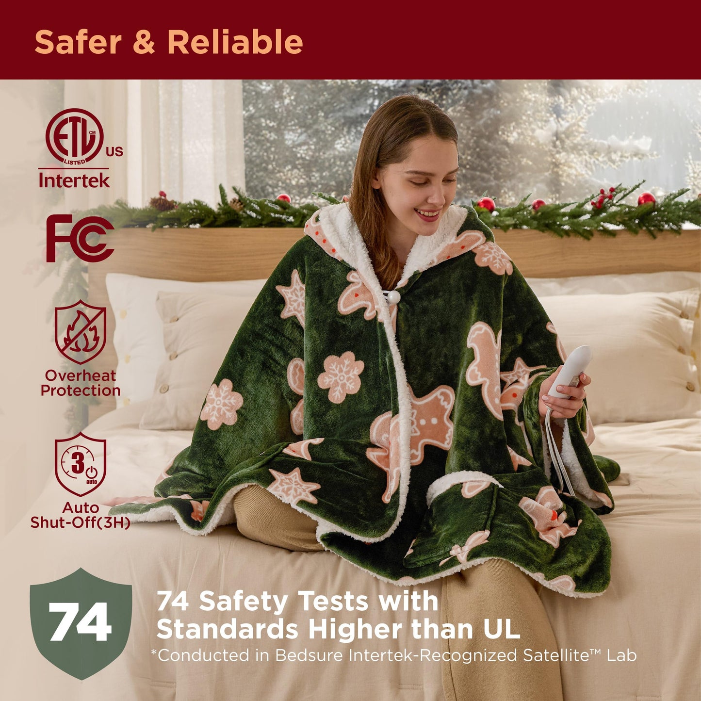 Bedsure Heated Blanket Wearable Shawl - Electric Wrap Poncho Blanket Hoodie for Adult, Birthday Gifts for Mom Women, Sherpa Heating Throw with 4 Time Settings & 6 Heat Settings, 55x64 inches, Grey
