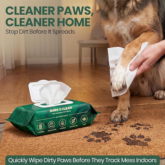 Bark & Clean Dog Wipes for Cleaning and Deodorizing - 2 Pack of 110 8.5" x 9" Bamboo Pet Wipes - Compostable, Hypoallergenic Puppy Wipes - Dog Wipes for Paws, Butt, and Body