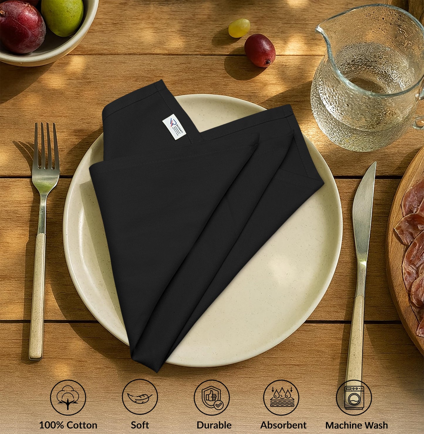 Ruvanti Cloth Napkins Set of 6, 100% Cotton High GSM 18x18 Inches Soft, Washable, Highly Durable & Absorbent, Perfect for Parties, Christmas, Thanksgiving Dinners – Black Beauty