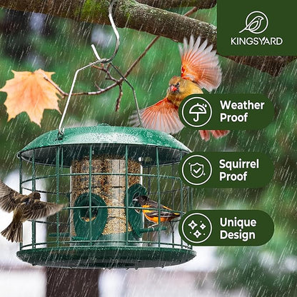 Kingsyard Tube Squirrel Proof Bird Feeders for Outdoor Hanging, Metal Caged Bird Feeder with Rain Proof Covered for Wildbirds Finches Bluebird, 4 Feeding Ports, Green