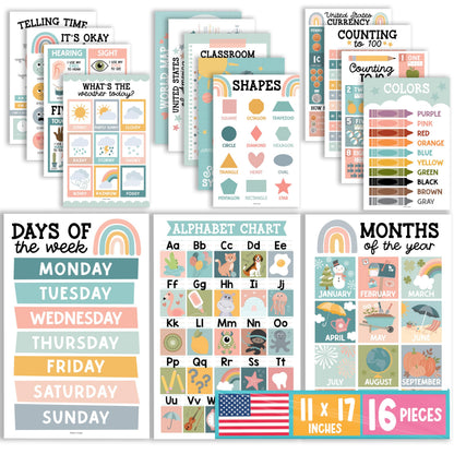 Hadley Designs 16 Educational Posters for Classroom Decor - Boho Educational Posters for Toddlers 1-3, Toddler Learning Posters for Kids Ages 3-5, Kindergarten & Preschool Classroom Must Haves