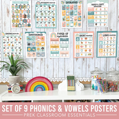 Hadley Designs Phonics Posters for Classroom Must Haves - 9 Sound Wall for Kindergarten & Elementary Teacher Supplies, Syllable, Vowels, Digraphs & Blends Bulletin Board Set, Boho Classrom Decor