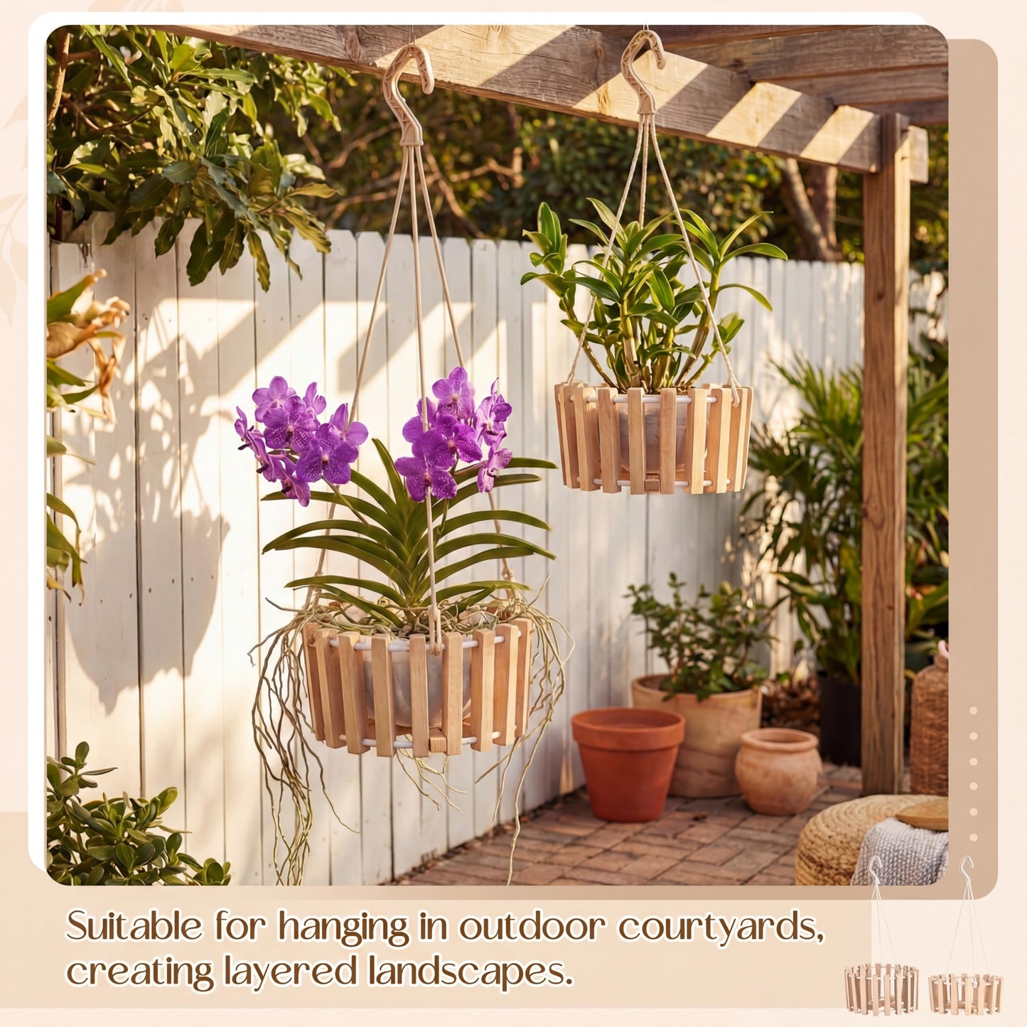 Yiyiring 2 Pcs Hanging Orchid Pots with Holes, Wooden Orchid Planter with Hangers, 8 & 10 Inch Rustic Specialist Pots for Vanda Oncidium Cattleya, Solid Beech Wood Slatted Basket