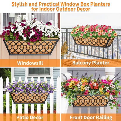 Riare 2 Pack 16 Inch Window Boxes Planters with Coco Liner, Metal Deck Railing Planter Boxes, Balcony Planters Railing Hanging, Horse Trough Window Flower Planter Boxes for Outdoor Porch Fence Patio
