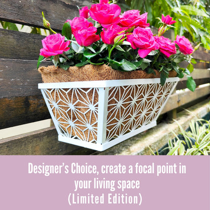 LaLaGreen Window Boxes Planter (2 Pack, 12 Inch) White Metal Rectangular Wall Planters with Coco Liner, Horse Trough Deck Railing for Outdoor Plants Holder, Modern Rail, Balcony, Fence, Porch Patio