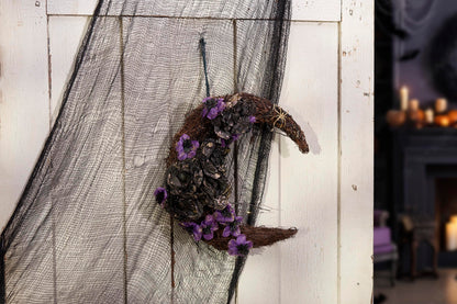 Primitives by Kathy Moody Moon Wreath - 14" x 17" Seasonal Halloween Decor, Rattan Crescent with Black and Purple Faux Florals, Gold Glitter Details, and Gold Spider
