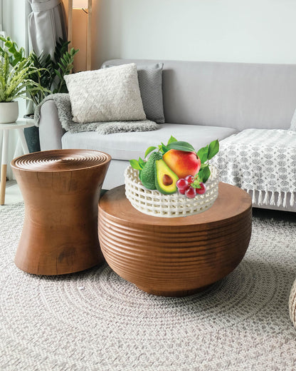 UPWOIGH Large Beige Circular Glazed Ceramic Fruit Basket Bowl, 10.8x3.85in Big Modern Table Decor Handmade Premium Personalized Ceramic Decorative Storage Organizer for kitchen, Breads,Vegetables,Gift