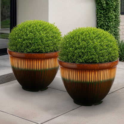 Plastic Plant Pot with Glazed Pottery Finish and Drainage - 13.7” Large Planters for Indoor Plants or Outdoor Garden - UV Resistant Decorative Flower Pot Faux Ceramic Planter by Pure Garden (Bronze)