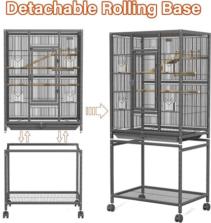 54" Large Bird Cage with Wheels, Durable Wrought Iron Parakeet Cage with Slide Out Tray, Black Bird Cages with Feeding Cups, Wooden Platform, Swing & Perches, for Lovebird, Cockatiels, Budgies