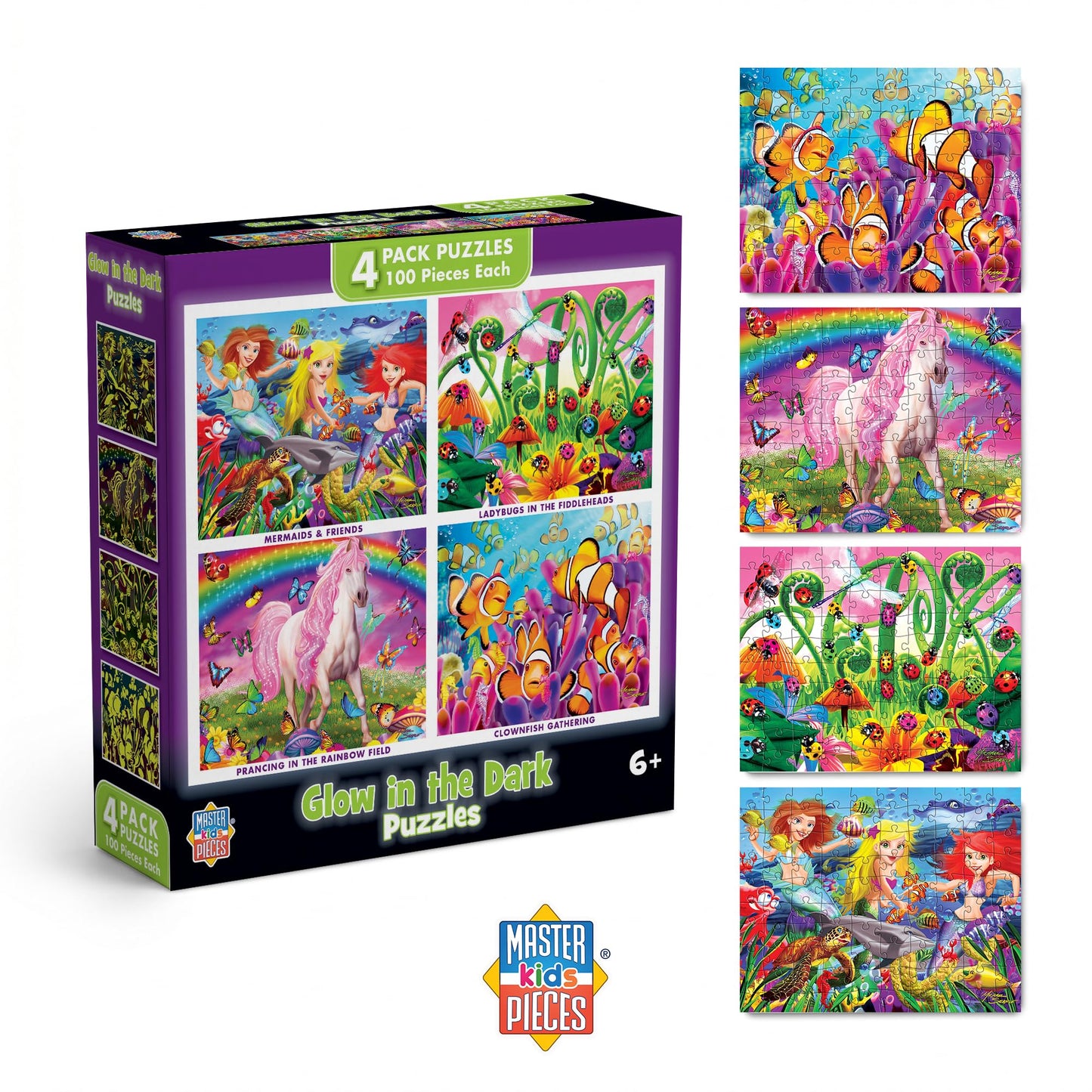 MasterPieces – Jigsaw Puzzle Set for Kids 6+ Years, 4-Pack of 100 Pieces, Educational and Fun Game, Purple Glow in the Dark Collection, Gift Idea for Children, 8" x 10