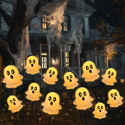 JOYIN Halloween Decorations Outdoor Solar Cute Ghost Lights, 2 Pcs 12LEDs Solar Powered Hovering Ghost Yard Stakes, Cute LED Pathway Lights Decor for Halloween Graveyard Garden Yard Patio Lawn