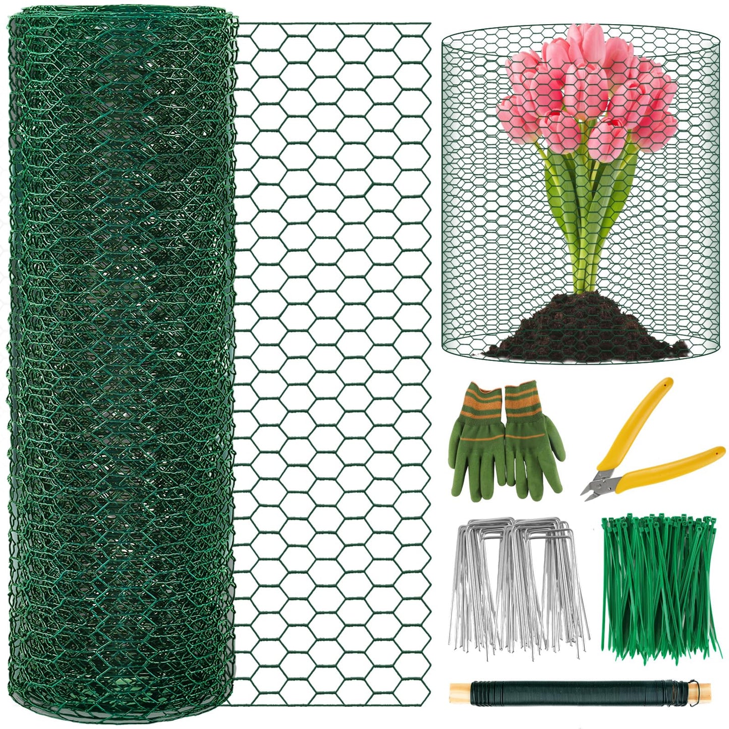Convivium Plant Protectors from Animals, 0.8mm Free-Cut Green Chicken Wire Mesh, PVC Coated Tree Trunk Guard & Garden Fence for Outdoor Plants with Zip Ties, Stakes, Pliers, Gloves（33Ft*16In）