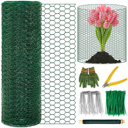 Convivium Plant Protectors from Animals, 0.8mm Free-Cut Green Chicken Wire Mesh, PVC Coated Tree Trunk Guard & Garden Fence for Outdoor Plants with Zip Ties, Stakes, Pliers, Gloves（33Ft*16In）