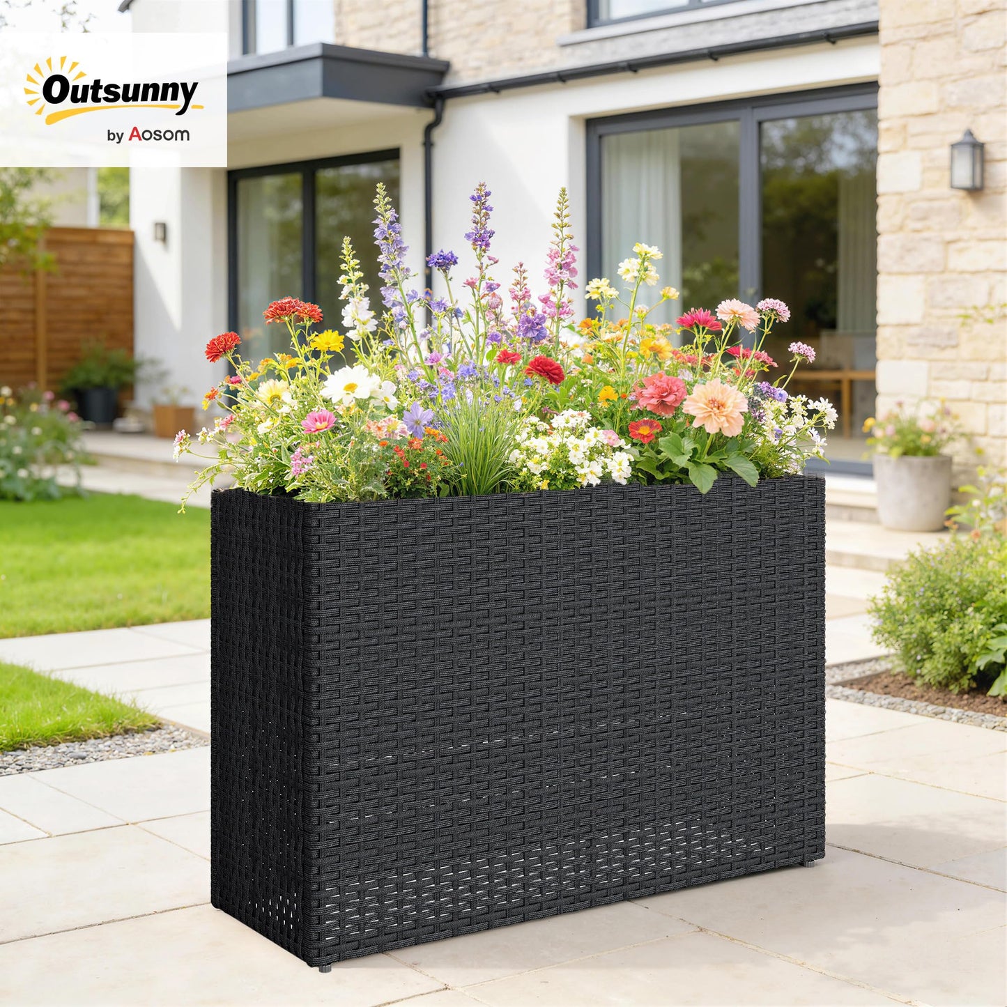 Outsunny Tall Rectangular Planter with Removable Liner, PE Wicker Large Planters for Outdoor Plants, Freestanding Indoor Outdoor Planter Box with Drainage Holes for Flowers, Vegetables, Black