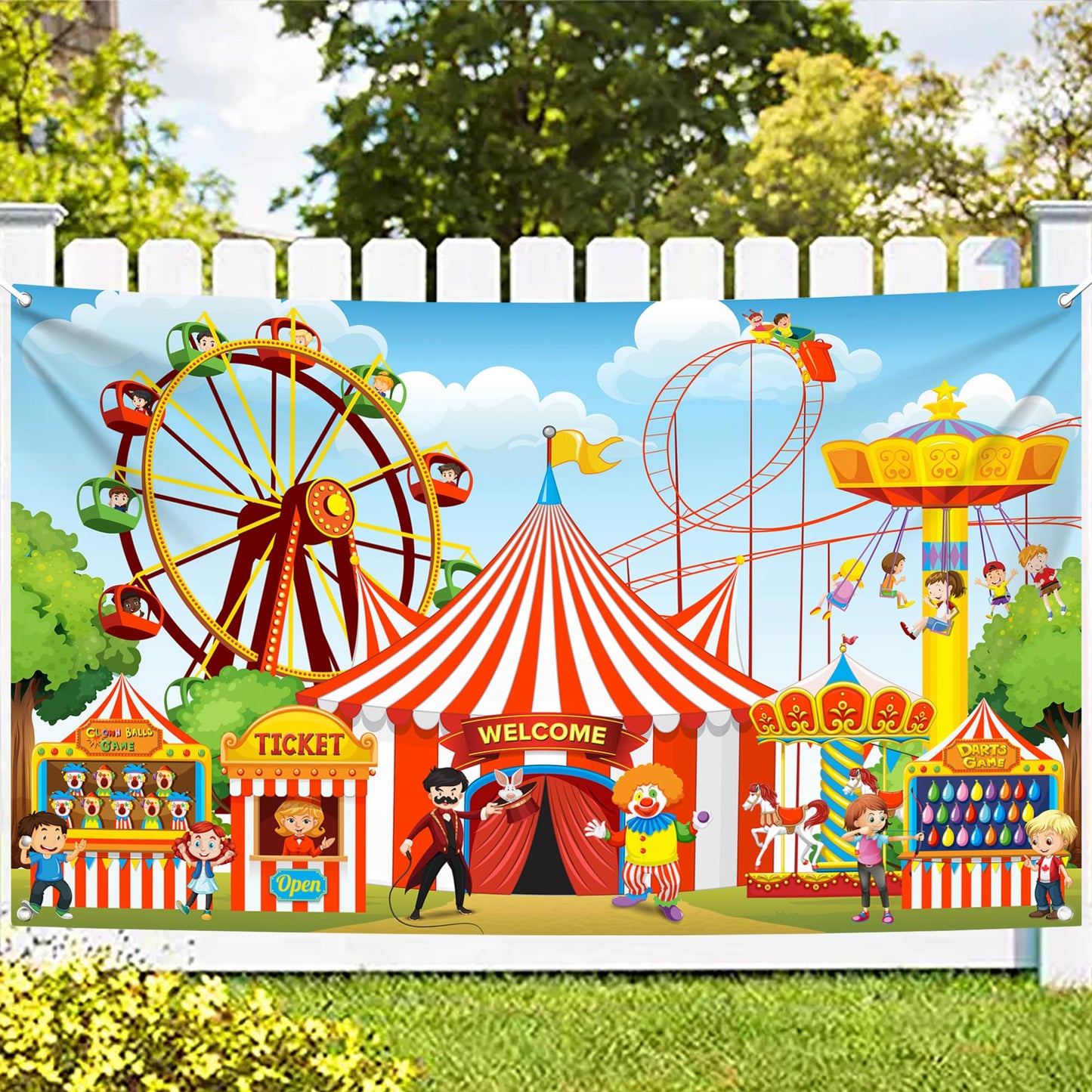 Halloween Hanging Decorations - Large, Pack of 28 and XtraLarge Carnival Backdrop - 72x44 Inch | Spooky Halloween Hanging Swirls, Halloween Party Decorations | Scary Halloween Carnival Decorations