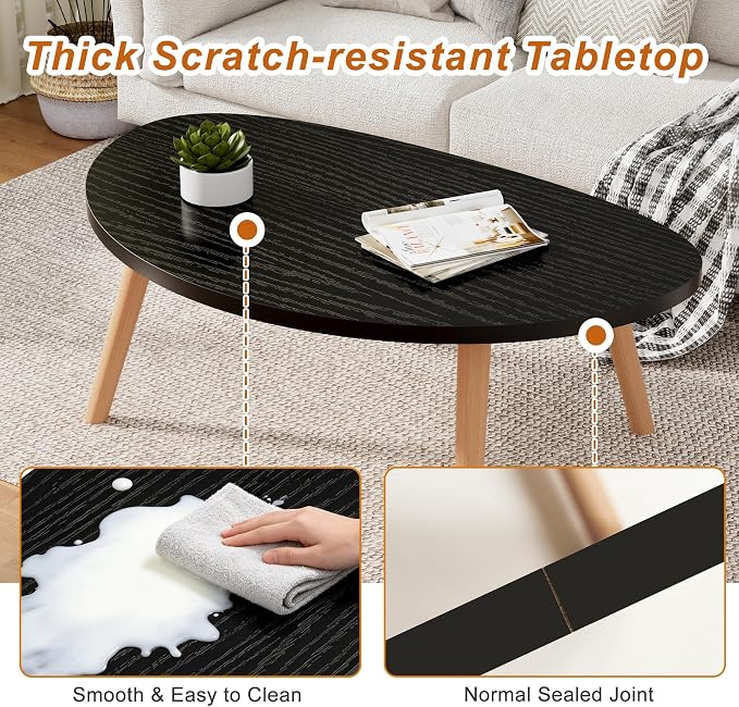 Coffee Table Low Table with Solid Wood Legs, 31.5x19.7 Large Coffee Table Side Table, Floor Table Desk for Sitting on The Floor, Living Room Furniture for Office Apartment Home, Pebble-Black