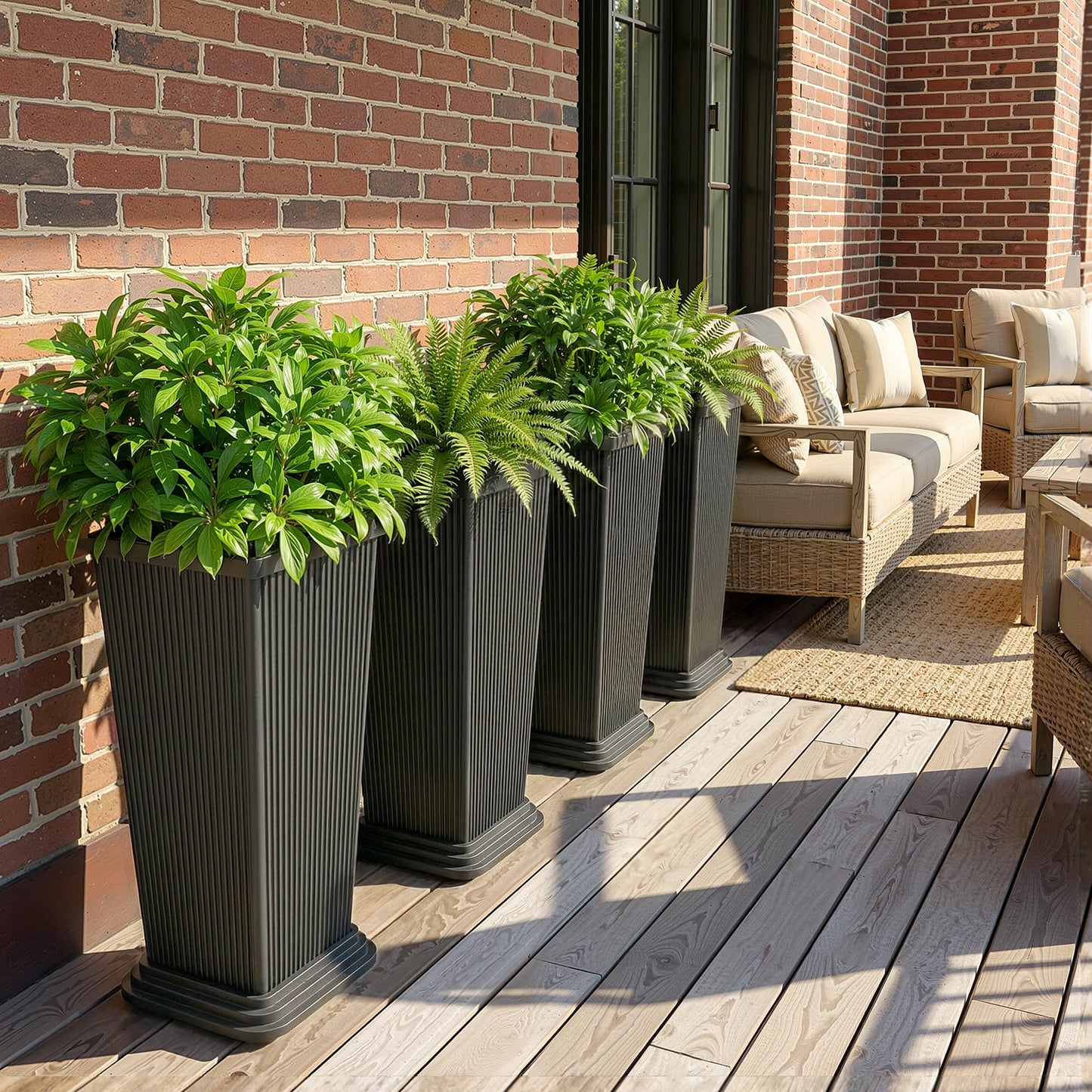 PolarcoForgeco Tall Outdoor Planters Set of 2, Large Flower Pots for Indoor Plants, 24 Inch Large Outdoor Planter for Front Porch, with Drainage Tray (Gray Ribbed)