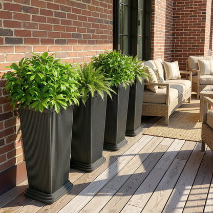 PolarcoForgeco Tall Outdoor Planters Set of 2, Large Flower Pots for Indoor Plants, 24 Inch Large Outdoor Planter for Front Porch, with Drainage Tray (Gray Ribbed)