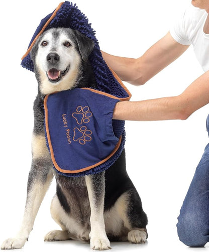 Lucky Pooch® Super Absorbent Shammy Dog Towel - Luxuriously Soft Hand Pockets – 34.5x12.5 – Quick Drying Microfiber Dog Bath Towel – Durable Dog Towels for Drying Dogs (Pack of 2, French Navy/Gray)