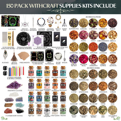 SHYSHINY Witchcraft Supplies Kit, 150Pack Wiccan Supplies and Tools Witchy Gifts for Beginners, Dried Herbs, Crystals, Candles, Green Witch Altar Starter Spell