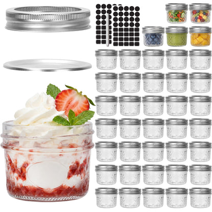 CycleMore 40 Pcs 4oz Clear Glass Mini Mason Jars With Silver Separable Lids and Diamond appearance, Small Spice Canning Jars for Honey, Jam, Jelly, Wedding Favors, Kitchen Food Storage