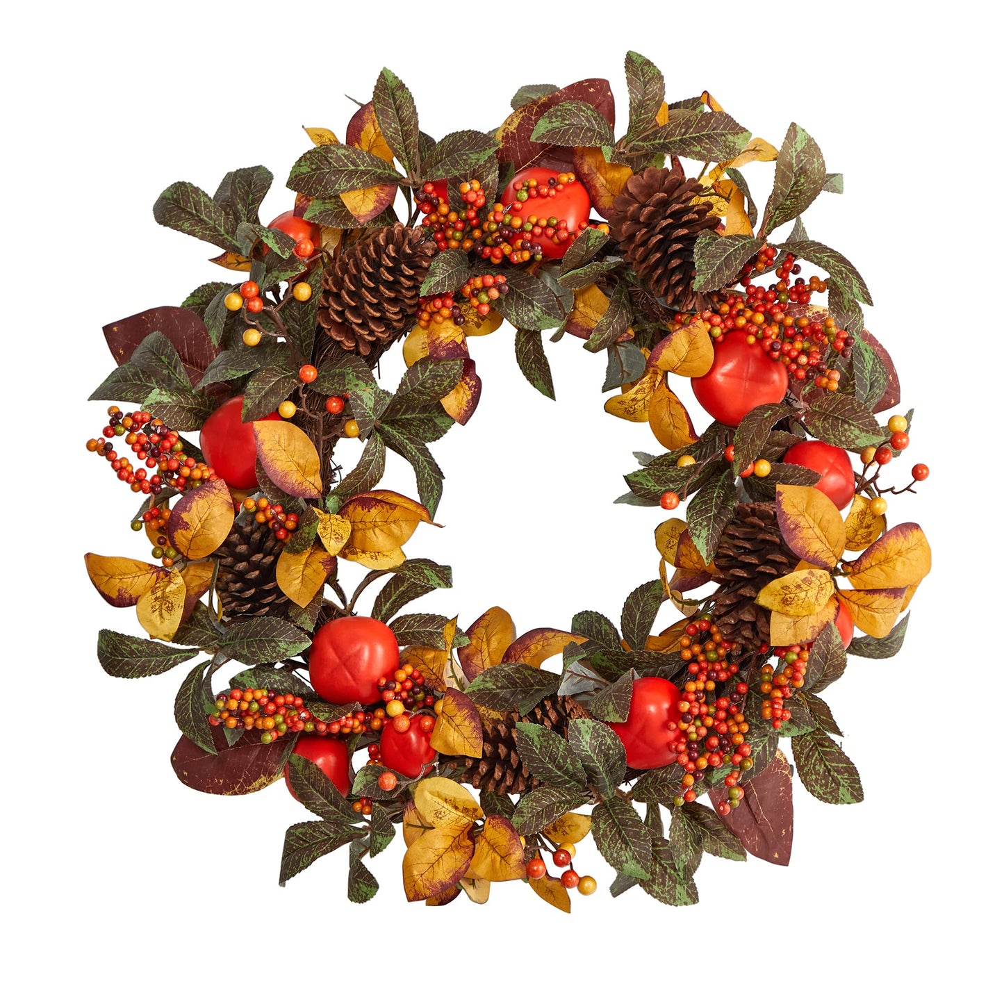 Nearly Natural 26in. Autumn Persimmon and Pinecones Artificial Fall Wreath