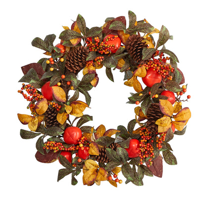 Nearly Natural 26in. Autumn Persimmon and Pinecones Artificial Fall Wreath