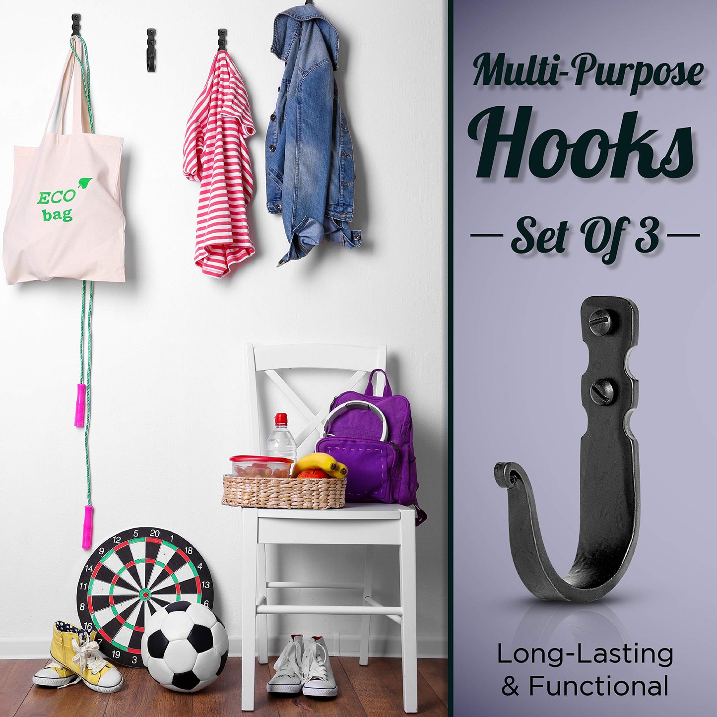 Stur-De Wrought Iron Wall Hooks – Heavy Duty Black Decorative Hooks for Hanging Coats, Bags, Hats & Towels | Rustic Metal Wall Hangers, Set of 3