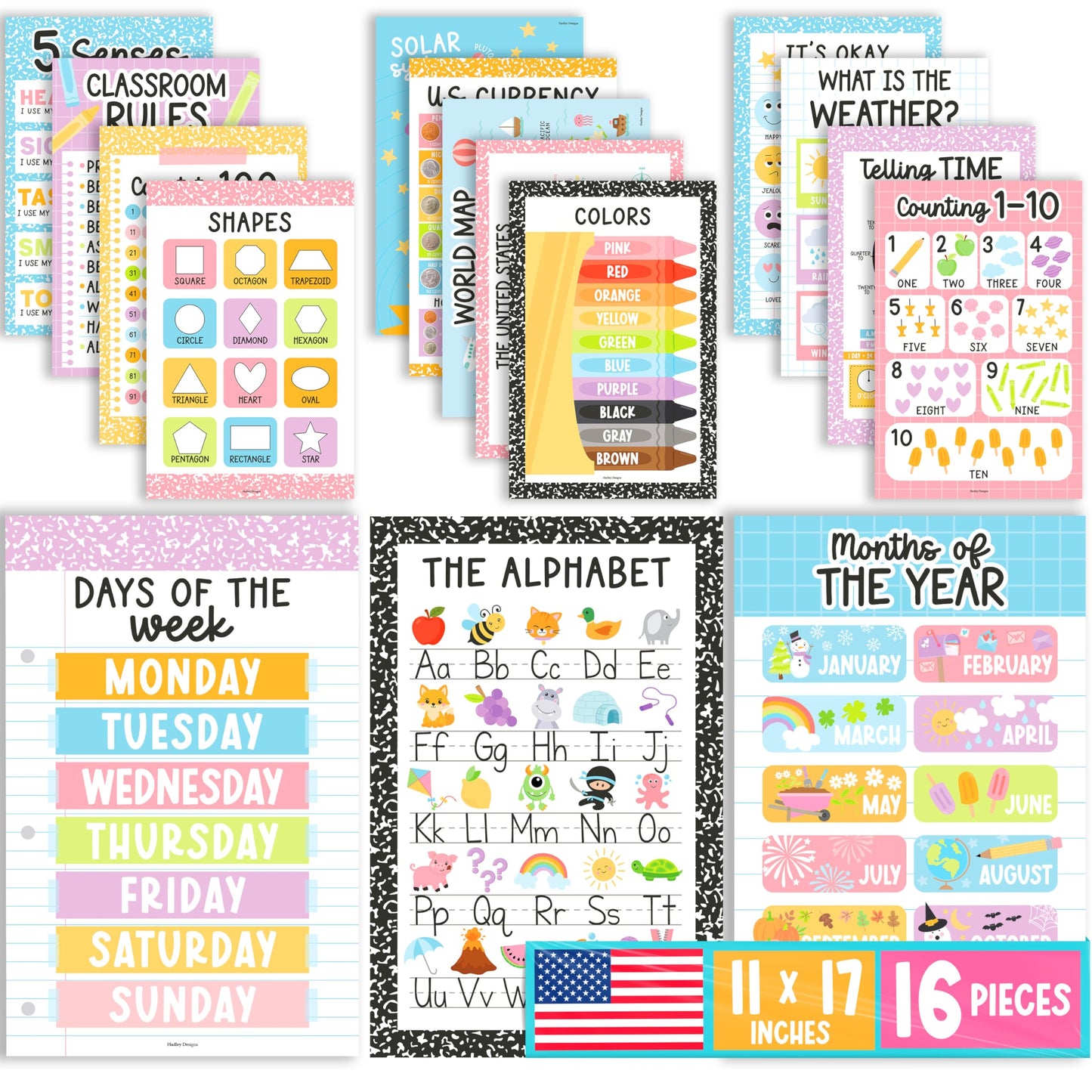 Hadley Designs 16 Educational Posters for Classroom Must Haves - Laminated Pre-K Posters for Toddler Homeschool Essentials, Toddler & Preschool Learning Activities, Kindergarten Classroom Decor