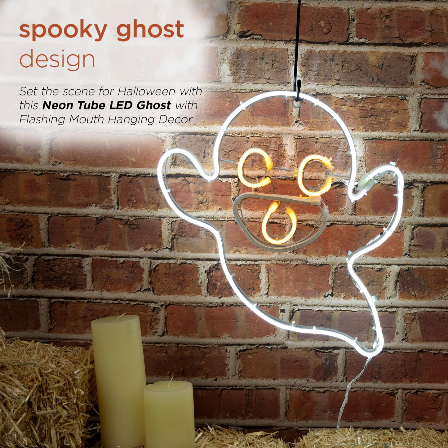 Alpine Corporation 17" Indoor/Outdoor Neon Tube Ghost Lights Decor with Flashing Mouth LED Lights, Hanging Decor