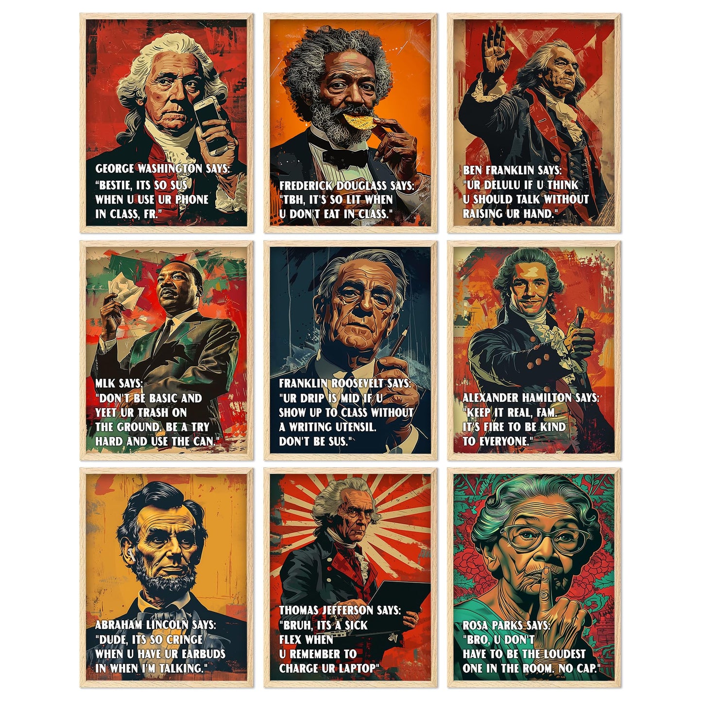 Funny U.S. History Classroom Rules Posters - Set of 9 Unframed 11x14 American History Wall Art | Social Studies Classroom Decorations for Teachers | Bulletin Board Decor