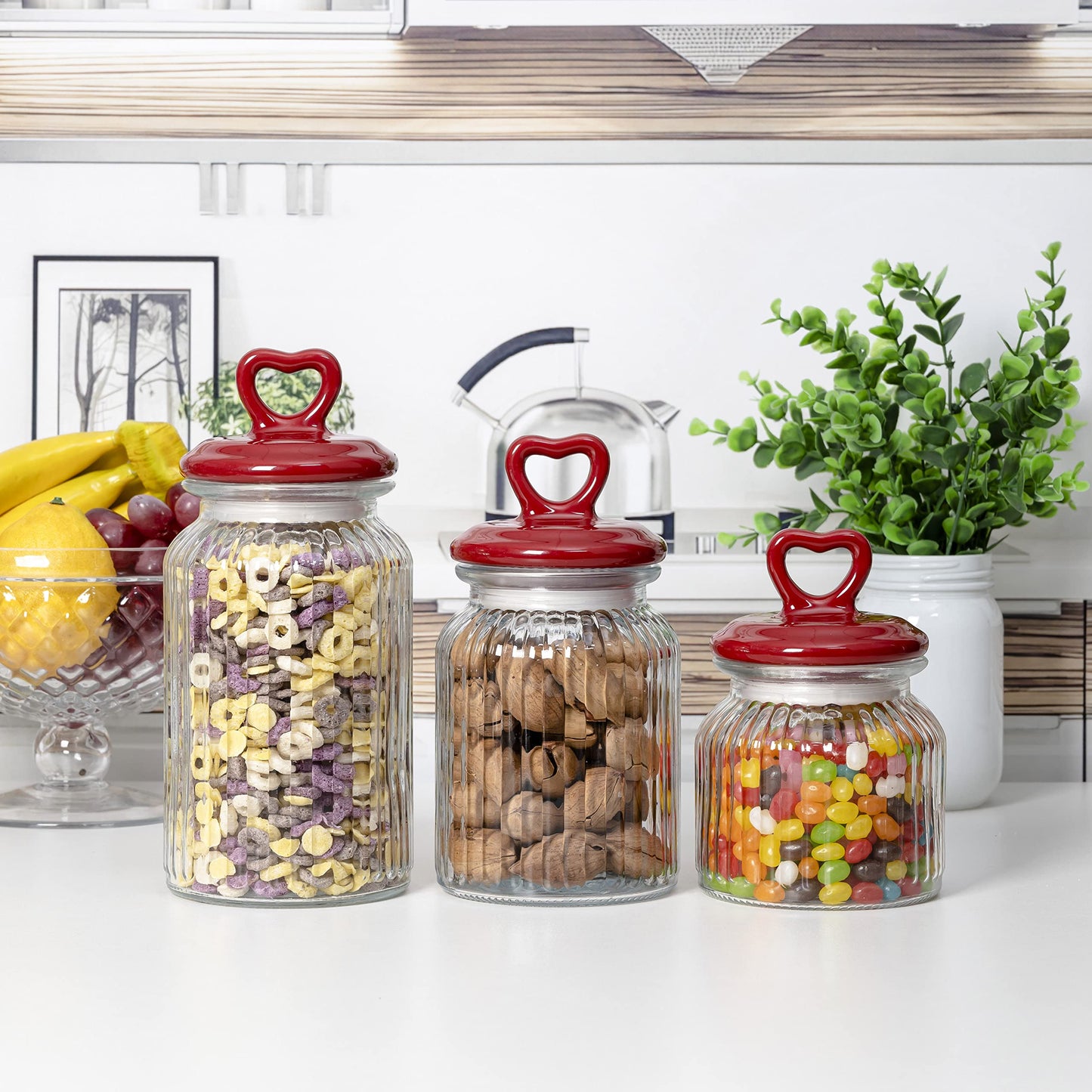 Hyperspace Set of 3 Decorative Glass Kitchen Canister Set, Cookie Jar, Food Storage Containers, Bathroom Jars, with Airtight Ceramic Lid for Kitchen and Bathroom, Red Heart Handle