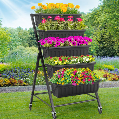 Homdox 5-Tier Elevated Garden Bed with Lockable Caster Wheels - Freestanding Vertical Raised Bed with 5 Garden Planter Boxes- Perfect to Grow Vegetables Herbs Flowers Indoor(Black)