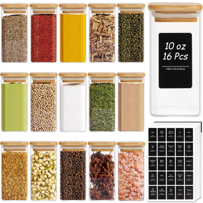 ComSaf 16Pcs Glass Spice Jars with Bamboo Lid, 4oz Airtight Square Spice Containers with 275 Black Lables, Empty Seasoning Jars for Spice Salt Sugar